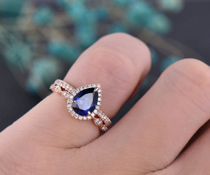 6x8mm 2pc sapphire bridal set sapphire engagement ring set rose gold art deco real diamond ring band matching wedding women gift jewelry