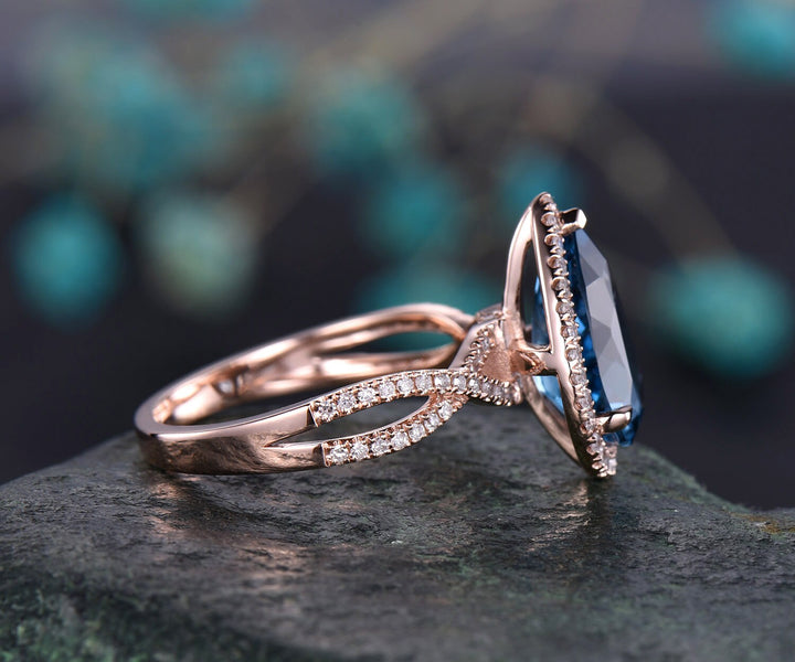 Infinity Diamond halo ring 8x12mm pear London blue topaz engagement ring 14k rose gold topaz ring gold vintage November birthstone ring gift
