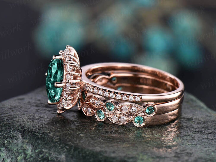 3pc Halo cluster emerald engagement ring rose gold moissanite halo ring natural emerald diamond wedding band vintage women bridal ring set