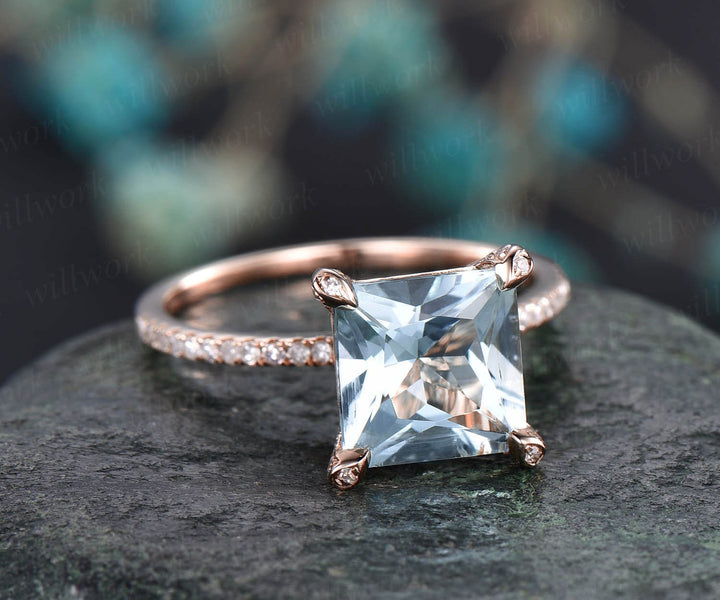 Princess cut aquamarine engagement ring 14k rose gold diamond halo basket ring natural aquamarine ring vintage March birthstone wedding ring