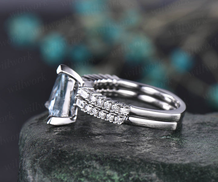 2pcs trillion cut aquamarine engagement ring set 14k white gold real diamond vintage antique unique March birthstone wedding bridal ring set
