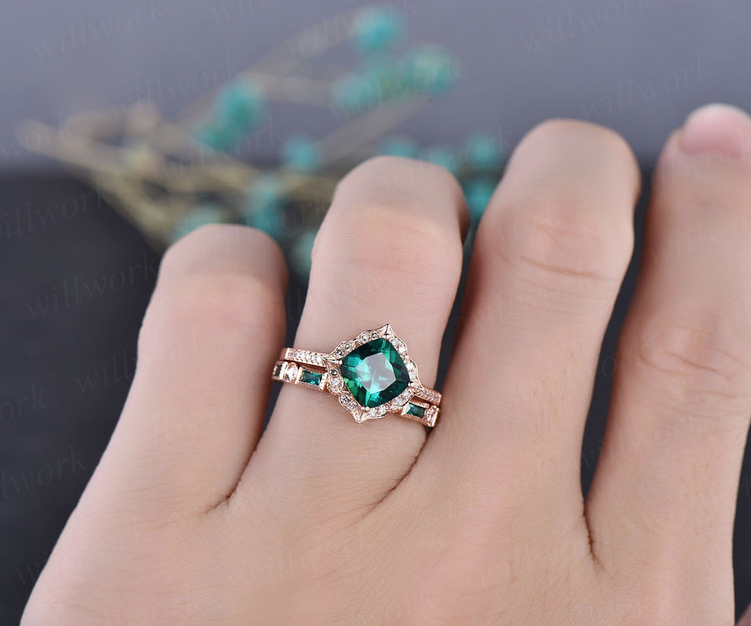 Green emerald engagement ring set white rose gold 2pc flower diamond halo full eternity emerald matching May birthstone bridal wedding ring