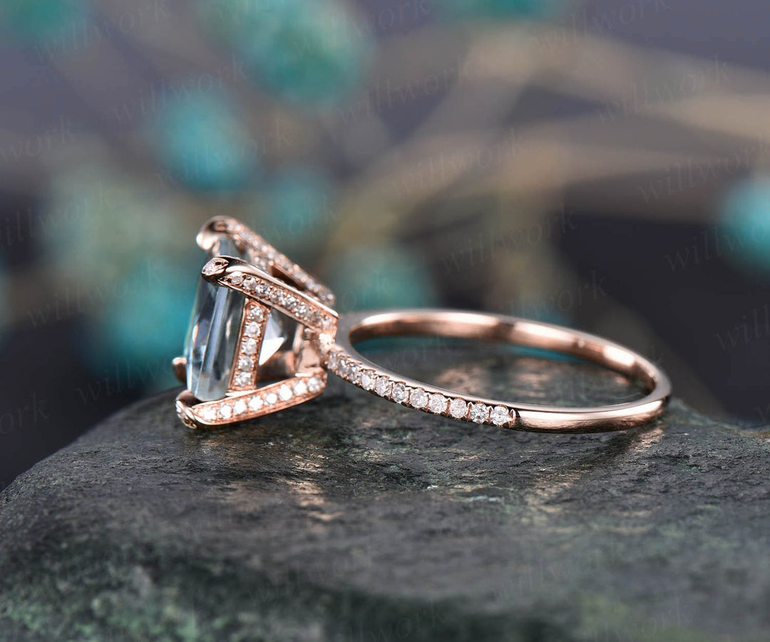 Princess cut aquamarine engagement ring 14k rose gold diamond halo basket ring natural aquamarine ring vintage March birthstone wedding ring