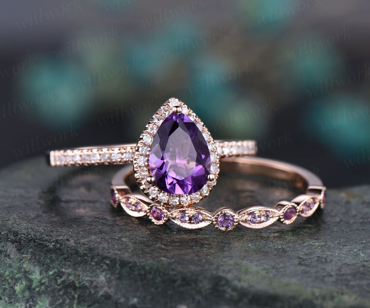 Amethyst engagement ring solid 14k White rose gold pear cut engagement ring amethyst wedding ring 2pc bridal set birthstone anniversary gift