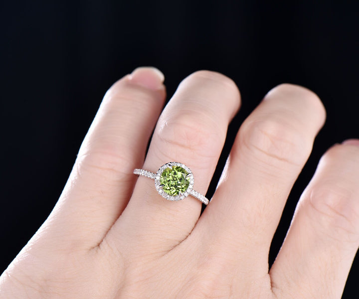 Green natural Peridot engagement ring-Solid 14k Rose gold-handmade Diamond Bridal ring-Stacking band-Round  promise ring diamond halo ring