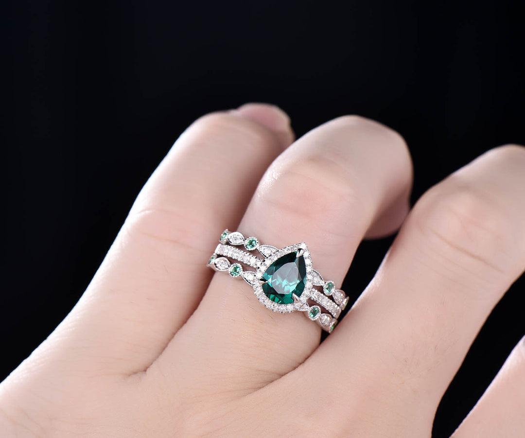 Vintage unique pear shaped emerald engagement ring set halo diamond 14k rose gold art deco natural emerald wedding band May birthstone ring