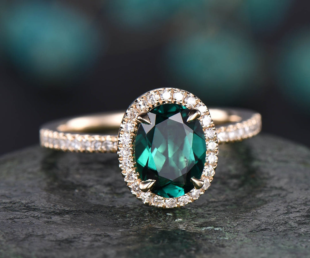 Emerald engagement ring 14k rose gold emerald ring vintage real diamond ring unique halo may birthstone promise wedding ring