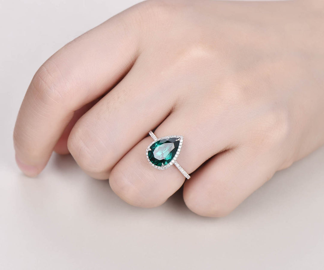 8x12mm emerald engagement ring rose gold diamond halo ring big emerald ring gold unique art deco pear antique wedding bridal promise ring