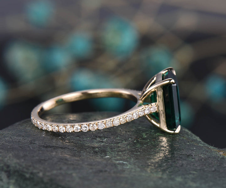 Unique vintage 7x9mm emerald cut emerald engagement ring yellow gold full eternity moissanite bridal wedding ring band gift custom jewelry