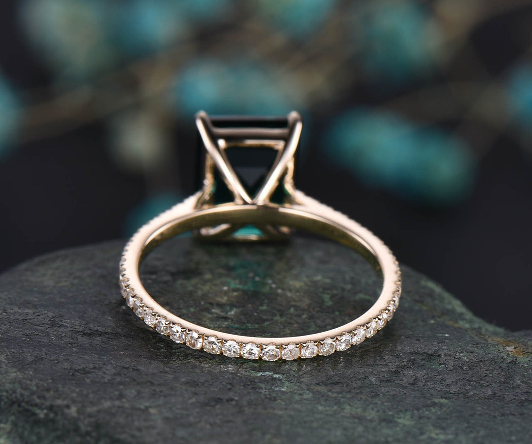 Unique vintage 7x9mm emerald cut emerald engagement ring yellow gold full eternity moissanite bridal wedding ring band gift custom jewelry
