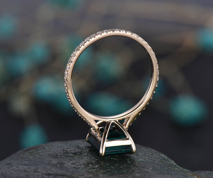 Unique vintage 7x9mm emerald cut emerald engagement ring yellow gold full eternity moissanite bridal wedding ring band gift custom jewelry