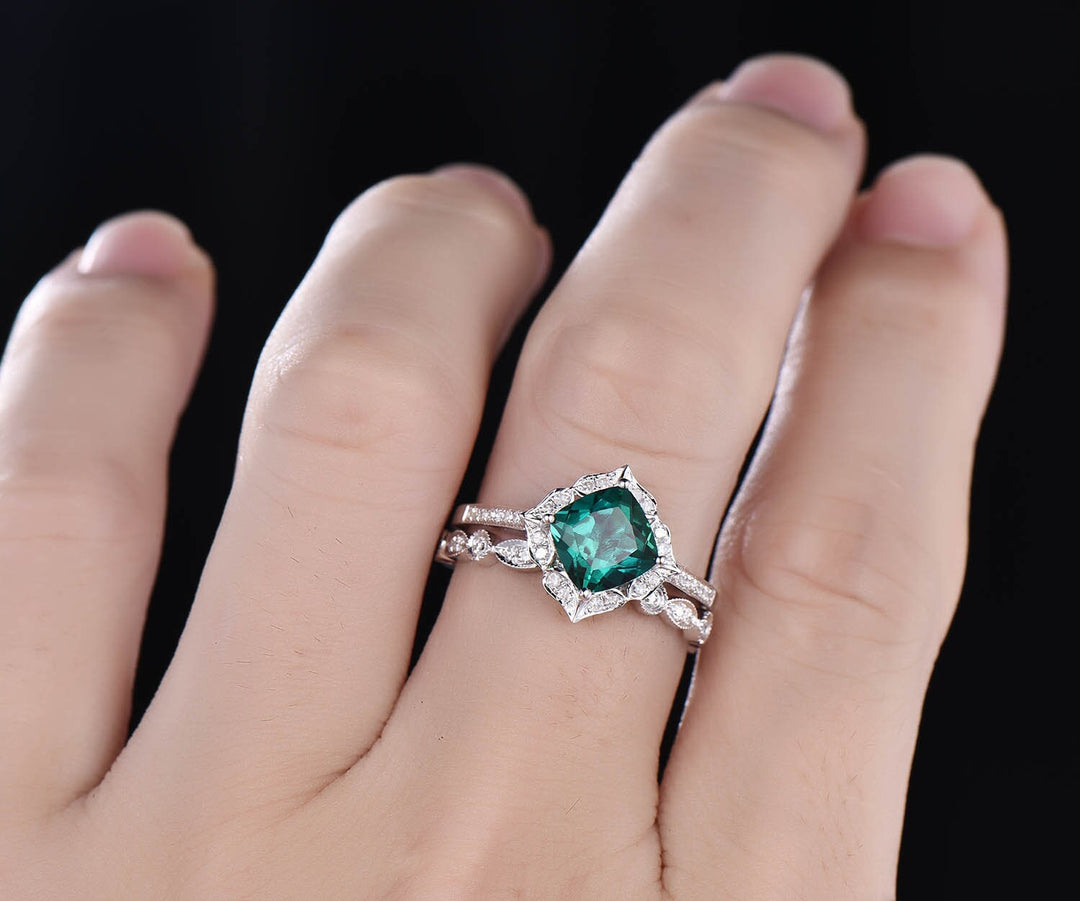 Green emerald engagement ring set yellow gold 2pc flower diamond halo full eternity matching art deco wedding May birthstone bridal ring set