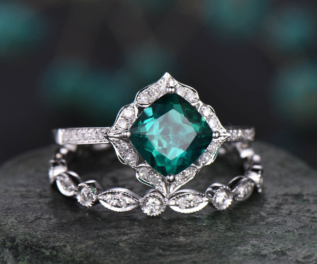 Green emerald engagement ring set yellow gold 2pc flower diamond halo full eternity matching art deco wedding May birthstone bridal ring set