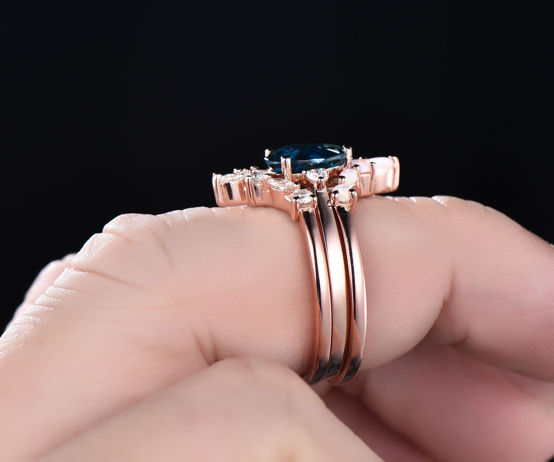 Curved marquise moissanite opal wedding ring vintage unique three stone 3pcs pear London blue topaz engagement ring set 14k rose gold ring