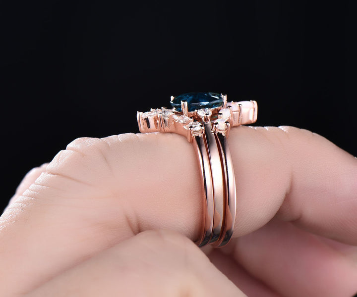 Curved marquise moissanite opal wedding ring vintage unique three stone 3pcs pear London blue topaz engagement ring set 14k rose gold ring