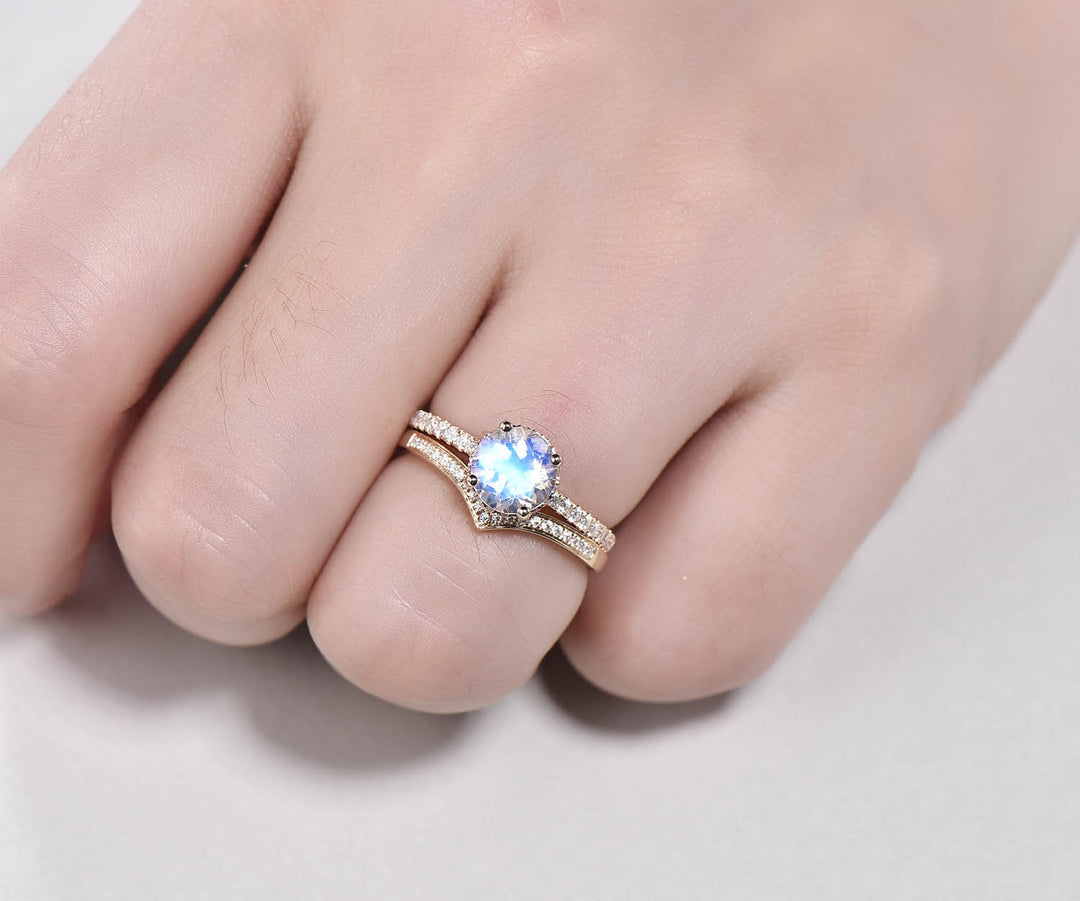 Natural moonstone ring gold vintage 2pc moonstone engagement ring set rose gold under halo moissanite matching crown wedding bridal ring set