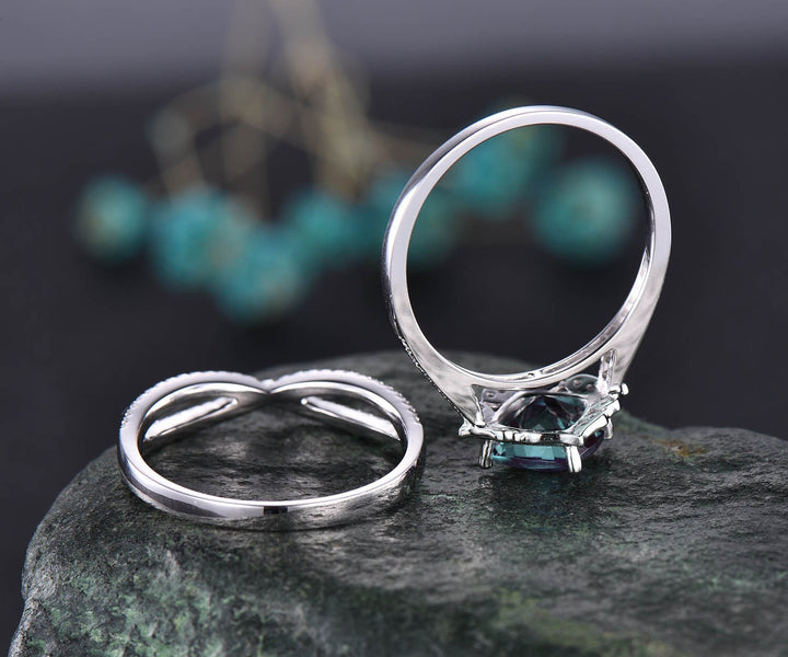 Vintage flower diamond wedding bridal set 2pcs cushion Alexandrite ring set June birthstone ring engagement ring set solid 14k rose gold