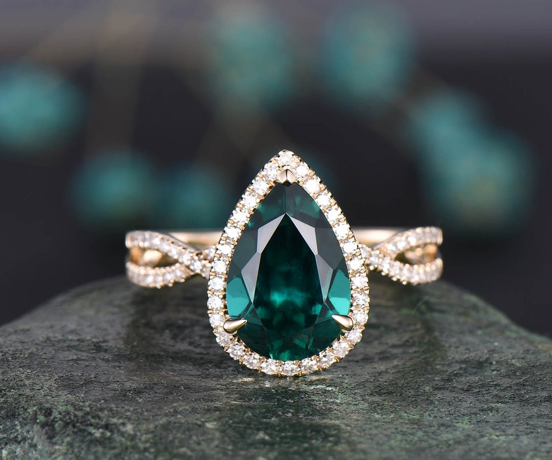 Emerald engagement ring 14k rose gold diamond halo ring split shank vintage May birthstone promise wedding bridal anniversary ring jewelry