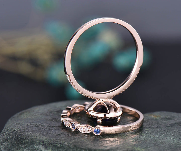 Rose gold ring set 2pcs 7x9 oval blue sapphire engagement ring set diamond bridal set natural sapphire wedding ring band sapphire jewelry