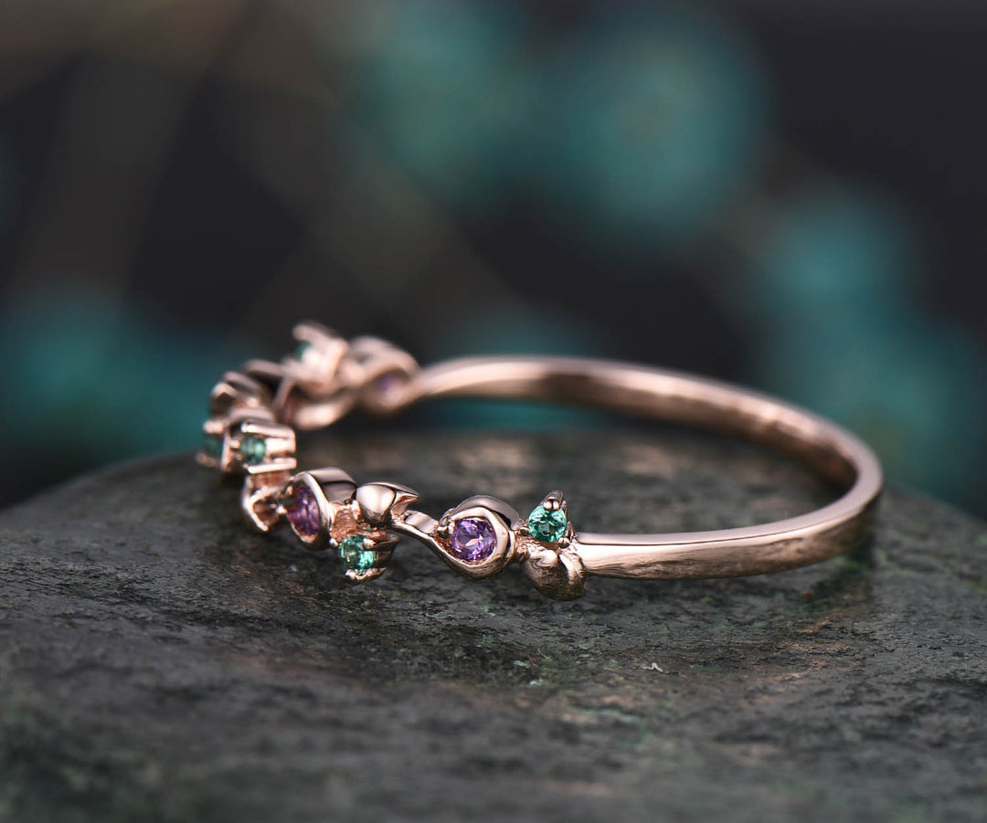 Vintage natural emerald ring emerald wedding band amethyst ring wedding band unique ring May birthstone ring graduation anniversary gift