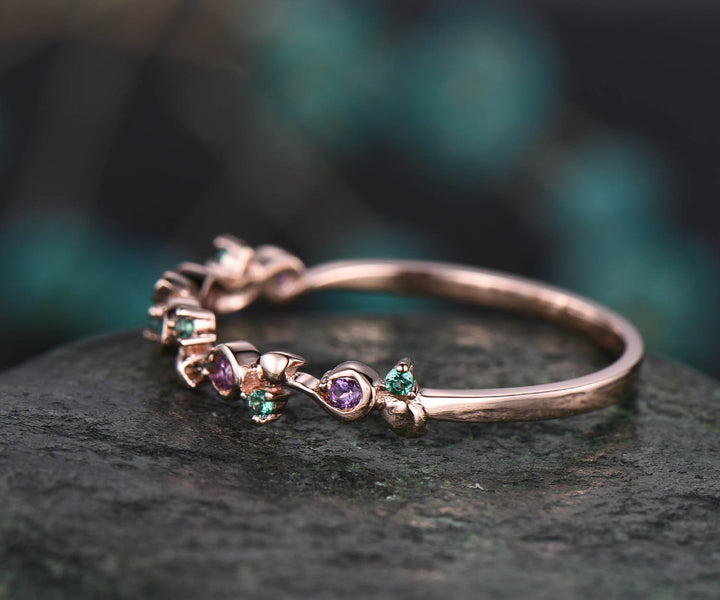 Vintage natural emerald ring emerald wedding band amethyst ring wedding band unique ring May birthstone ring graduation anniversary gift