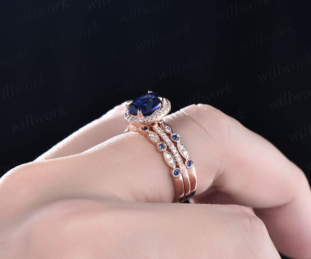 Oval 7x9mm sapphire ring set vintage sapphire engagement ring set diamond natural sapphire ring set white gold September birthstone ring