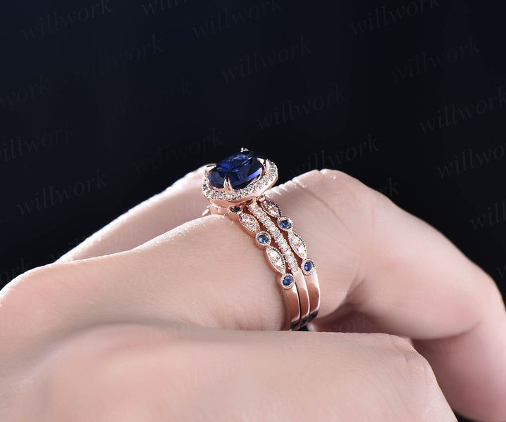 Oval 7x9mm sapphire ring set vintage sapphire engagement ring set diamond natural sapphire ring set white gold September birthstone ring