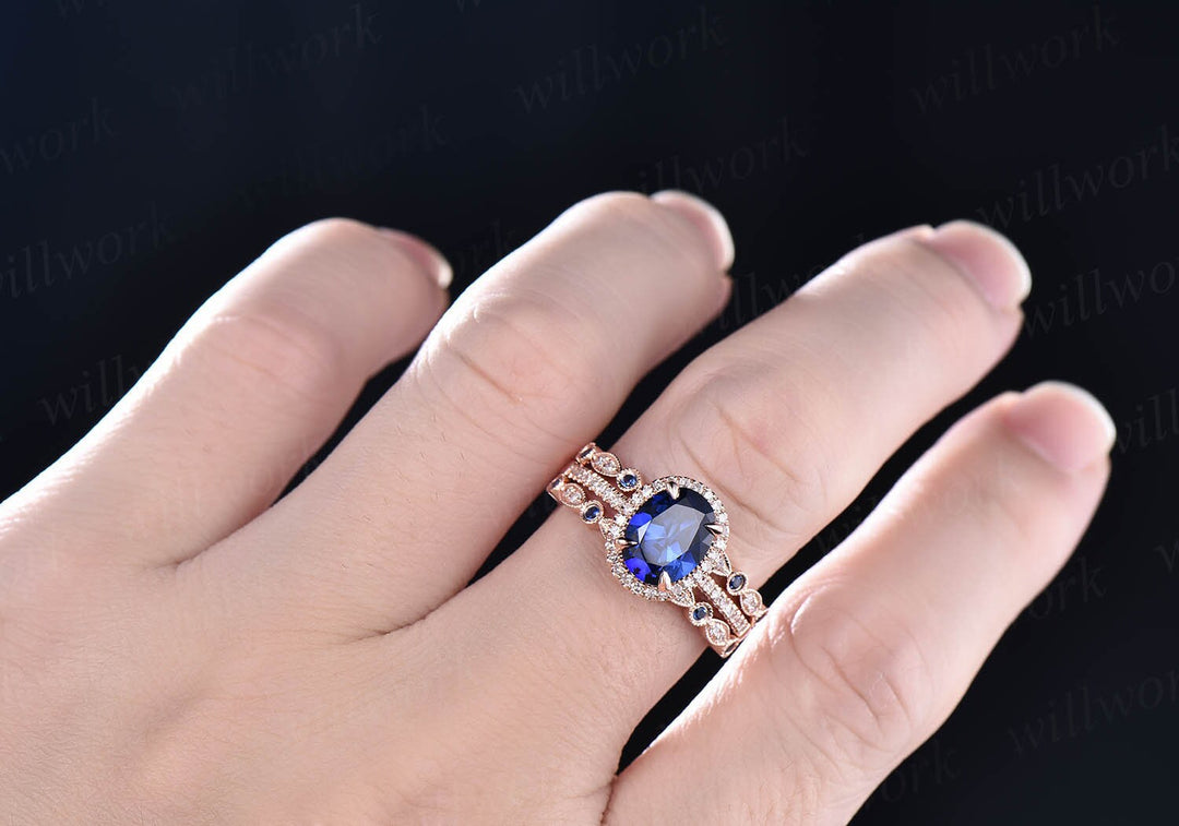 Oval 7x9mm sapphire ring set vintage sapphire engagement ring set diamond natural sapphire ring set white gold September birthstone ring