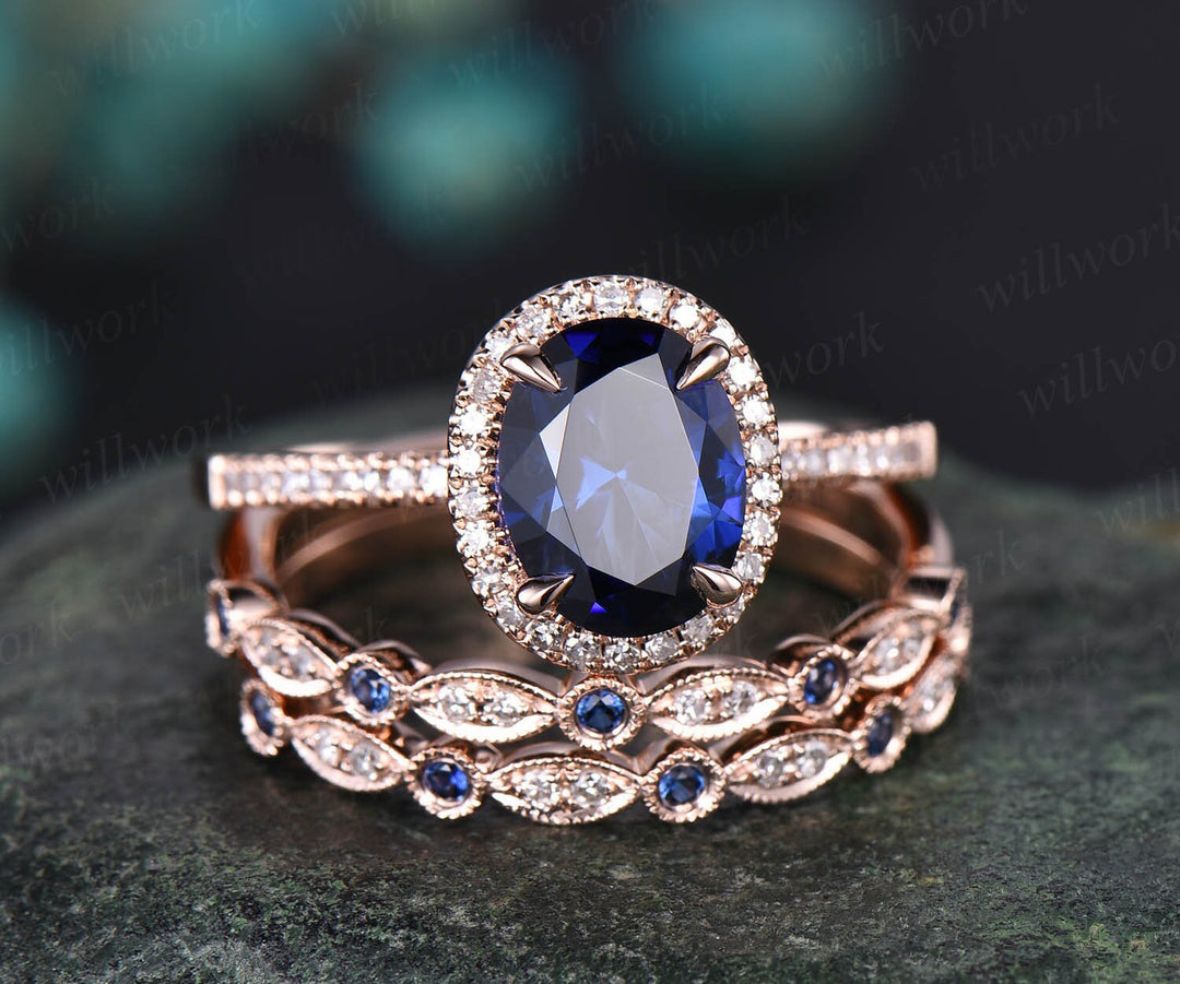 Oval 7x9mm sapphire ring set vintage sapphire engagement ring set diamond natural sapphire ring set white gold September birthstone ring