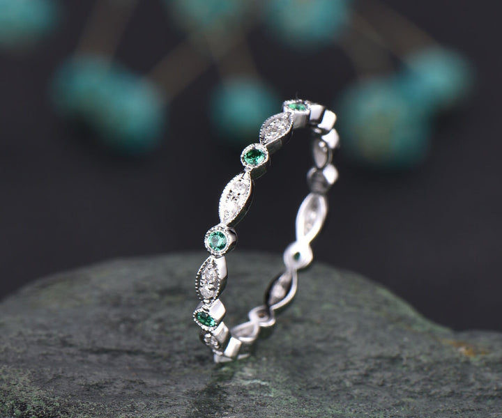 Natural emerald ring Full eternity diamond wedding band art deco ring solid 14k white gold bridal anniversary ring gift