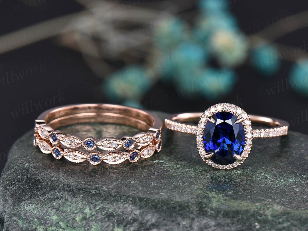 Oval 7x9mm sapphire ring set vintage sapphire engagement ring set diamond natural sapphire ring set white gold September birthstone ring