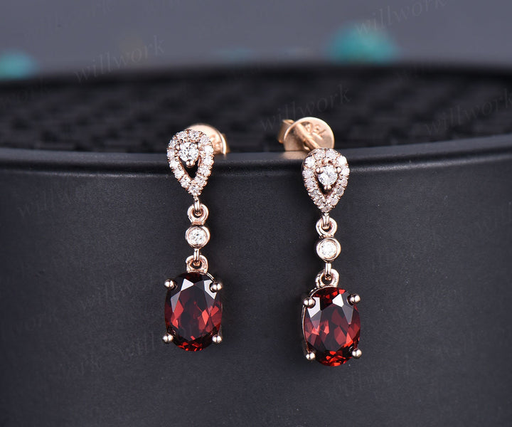 Vintage 1ct oval ganet earrings solid 14k rose gold ring real diamond Earrings women garnet jewelry gift her January birthstone earrings
