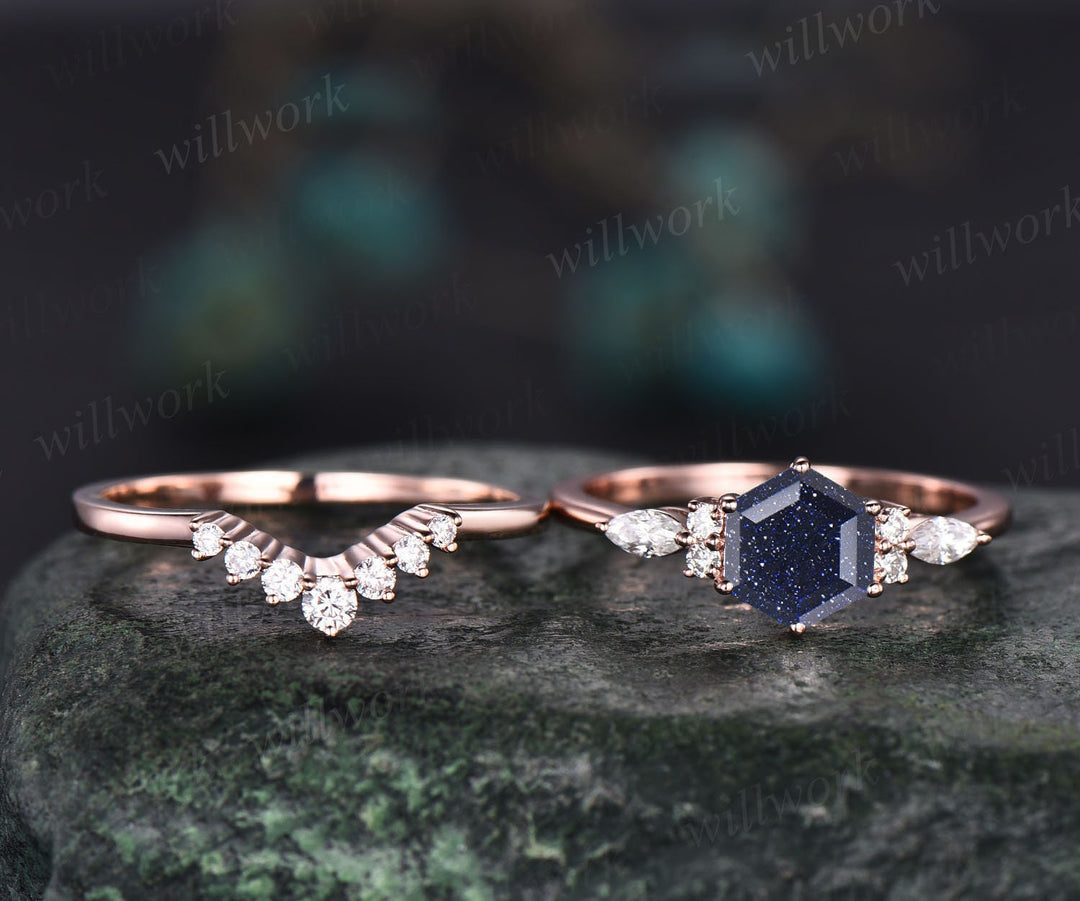 Hexagon blue sandstone ring set vintage engagement ring set art deco ring women 7 stone moissanite wedding ring set