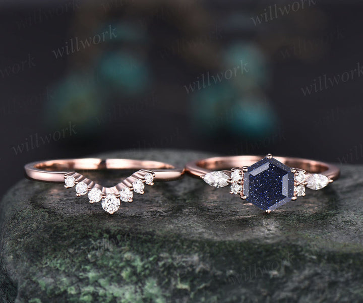 Hexagon blue sandstone ring set vintage engagement ring set art deco ring women 7 stone moissanite wedding ring set