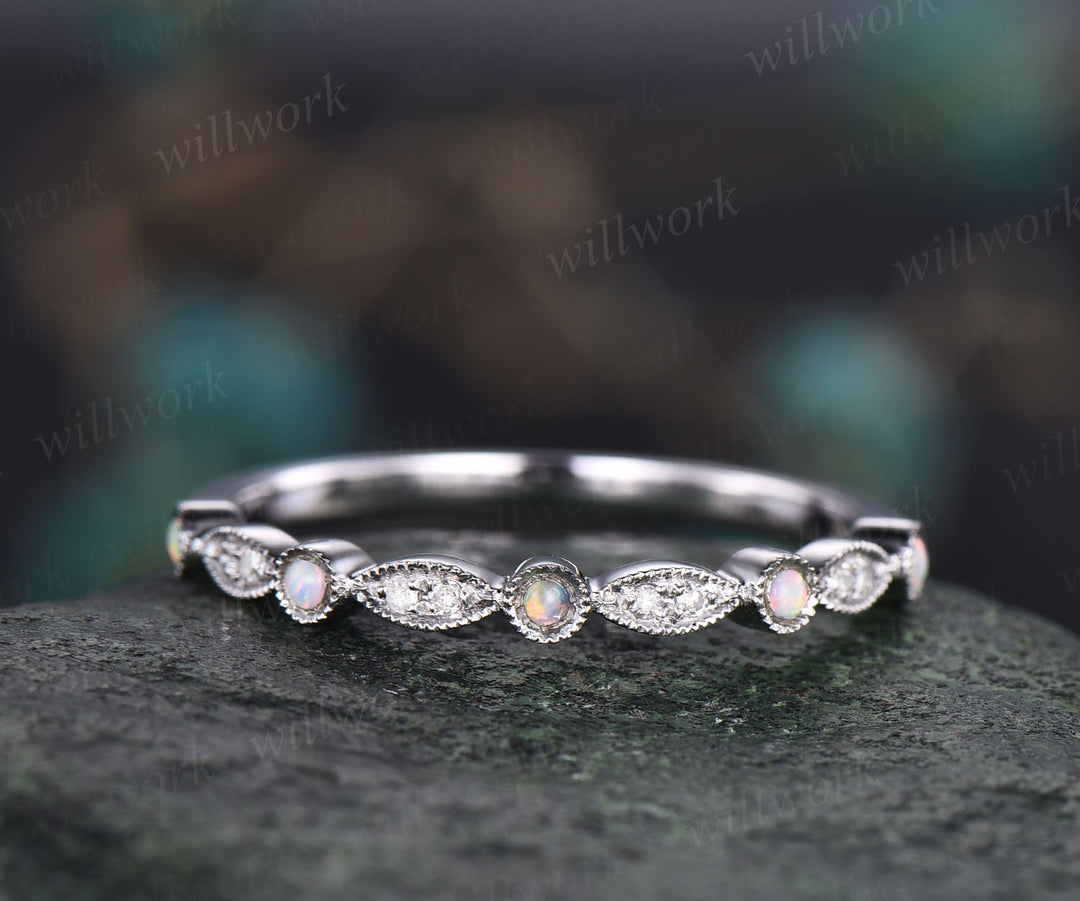 Vintage opal ring opal wedding band 14k rose gold art deco diamond wedding ring band half eternity stacking ring October birthstone ring