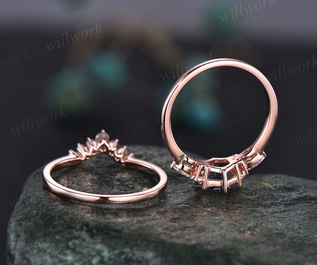 Hexagon blue sandstone ring set vintage engagement ring set art deco ring women 7 stone moissanite wedding ring set