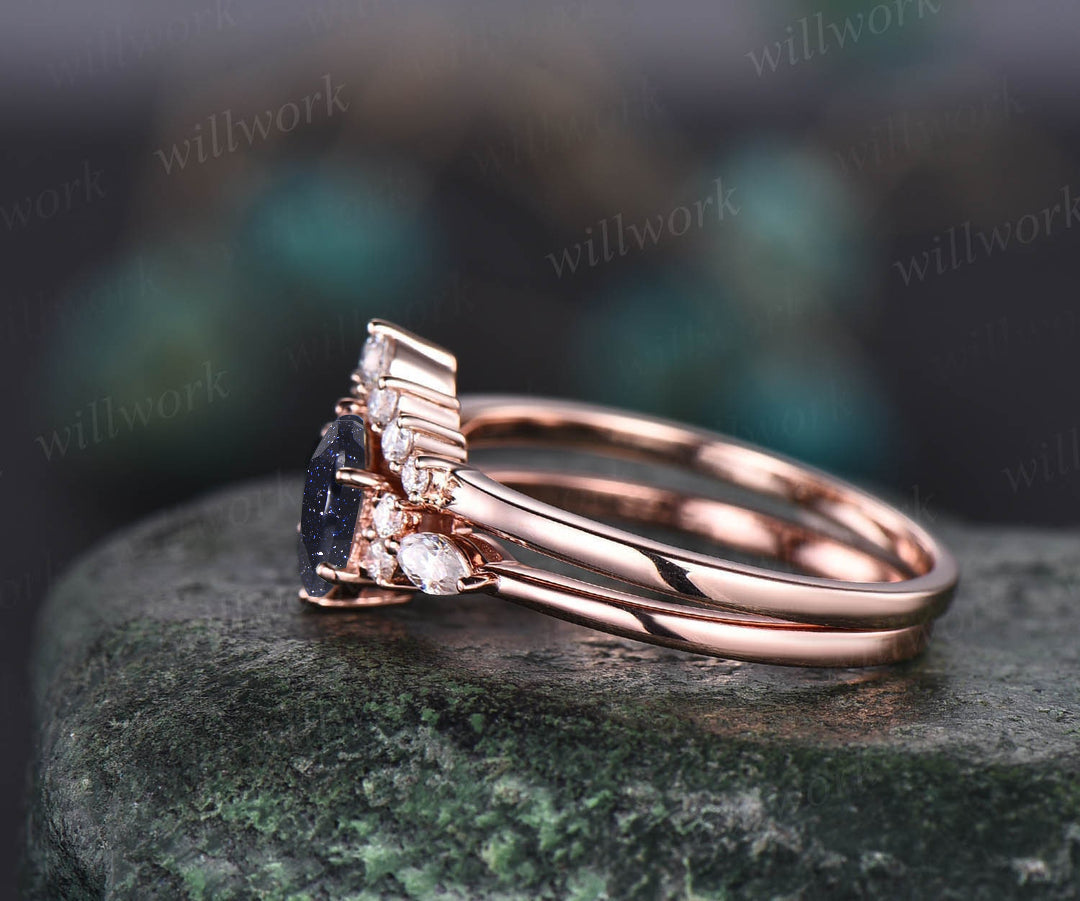 Hexagon blue sandstone ring set vintage engagement ring set art deco ring women 7 stone moissanite wedding ring set