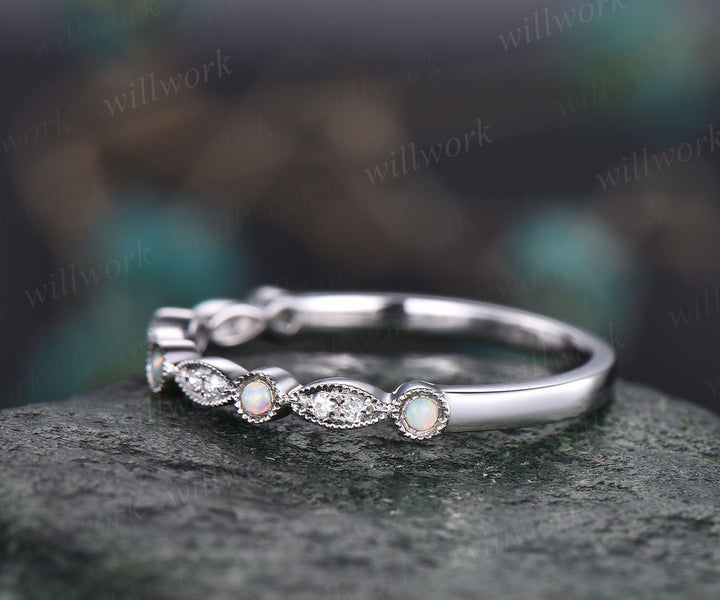 Vintage opal ring opal wedding band 14k rose gold art deco diamond wedding ring band half eternity stacking ring October birthstone ring