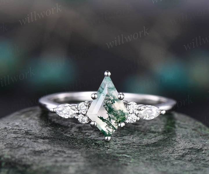 Vintage kite cut green moss agate engagement ring set 14k white gold marquise cut diamond ring for women unique bridal wedding ring set gift