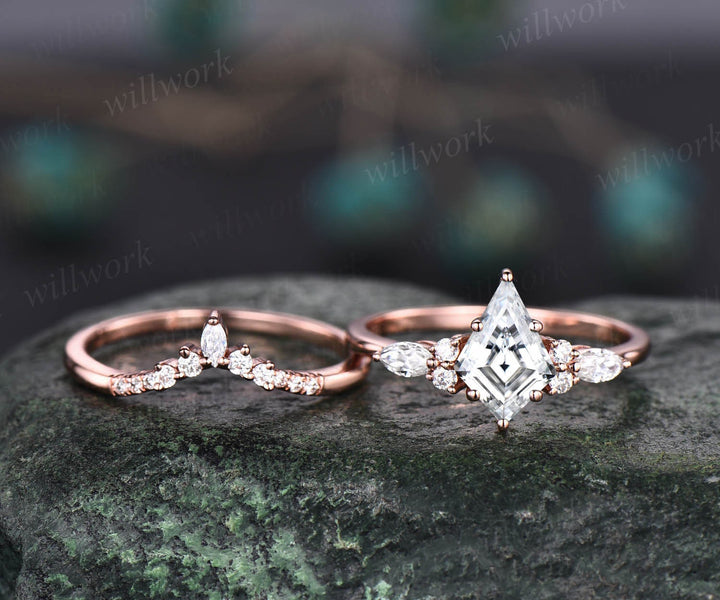 Vintage kite cut lab grown diamond engagement ring set 14k rose gold 6 prong diamond unique bridal wedding promise ring set women