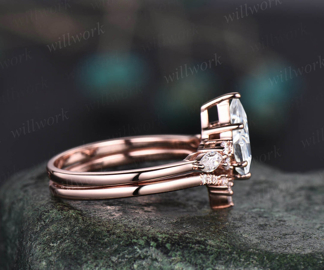 Vintage kite cut lab grown diamond engagement ring set 14k rose gold 6 prong diamond unique bridal wedding promise ring set women