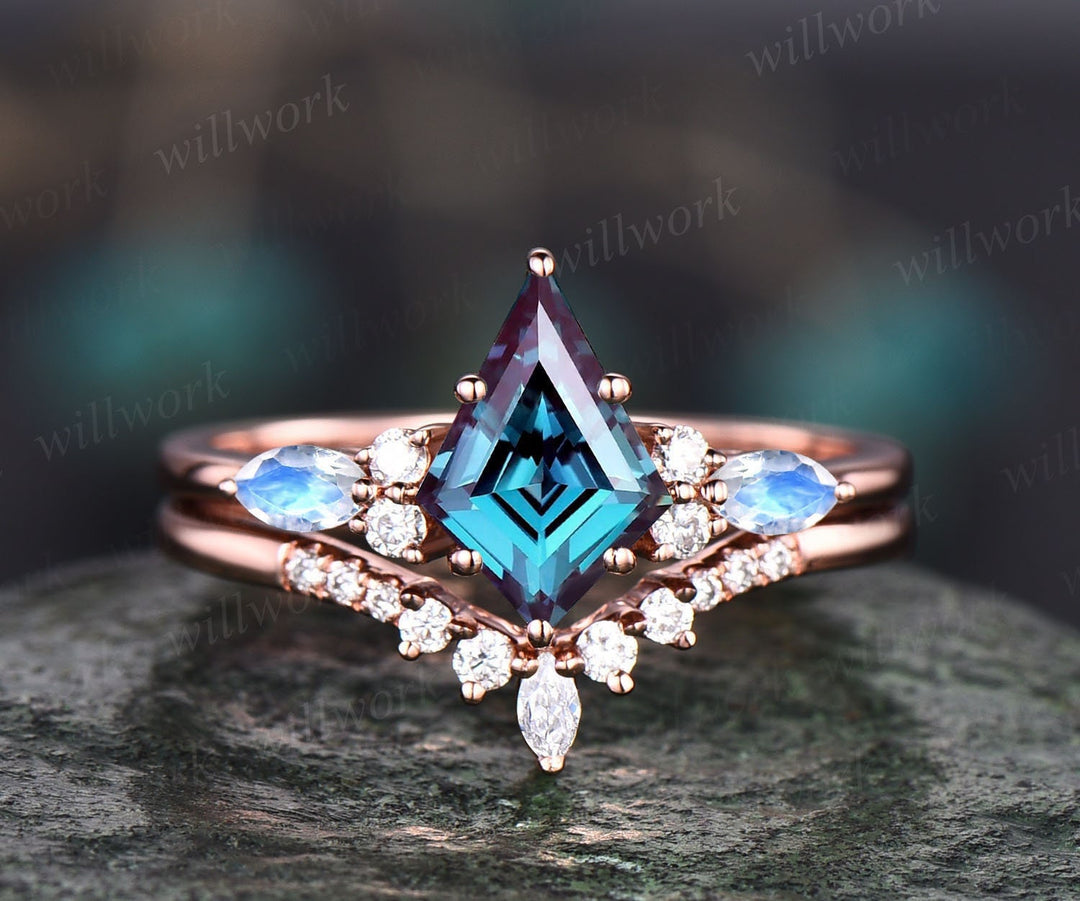 Kite cut Alexandrite ring white gold moonstone vintage unique engagement ring set women 6 prong stacking retro anniversary ring gift