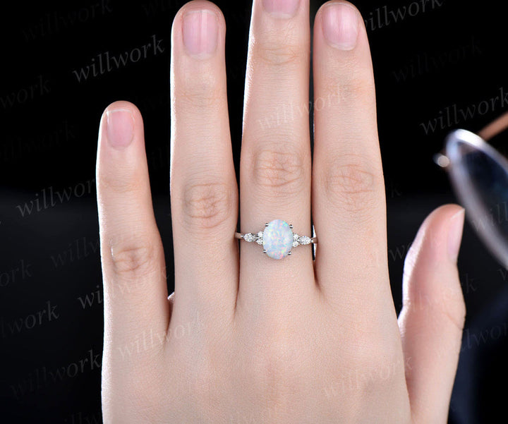 Oval cut opal engagement ring marquise diamond engagement ring women vintage promise ring