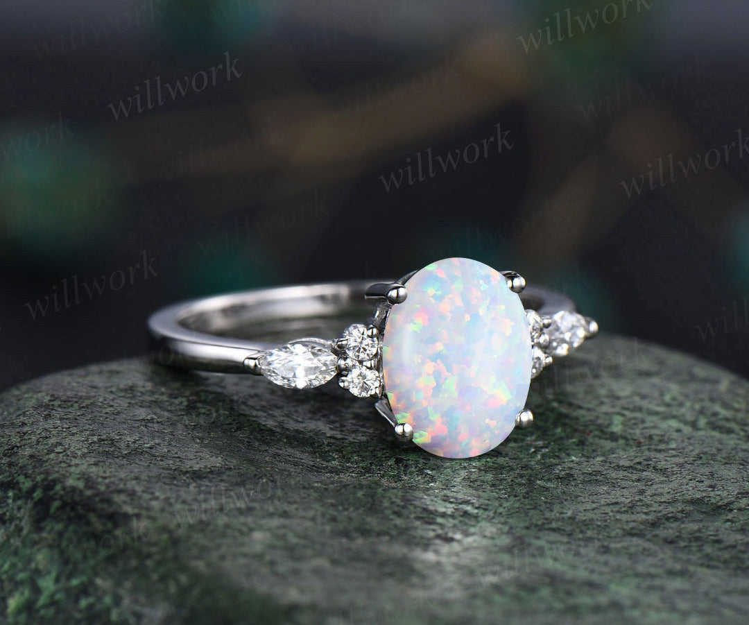 Oval cut opal engagement ring marquise diamond engagement ring women vintage promise ring