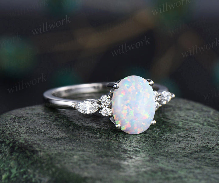 Oval cut opal engagement ring marquise diamond engagement ring women vintage promise ring