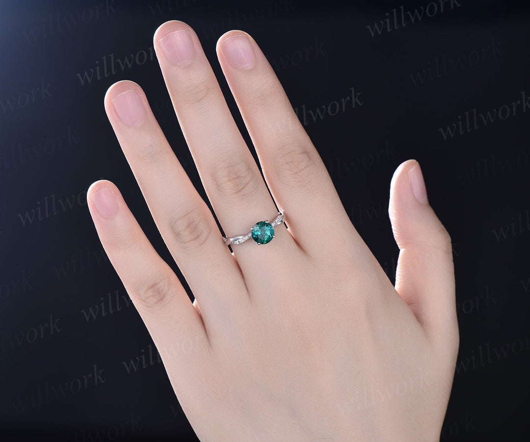 7mm round cut emerald engagement ring solid 14k rose gold twisted real dianond ring May birthstone emerald ring bridal wedding promise ring