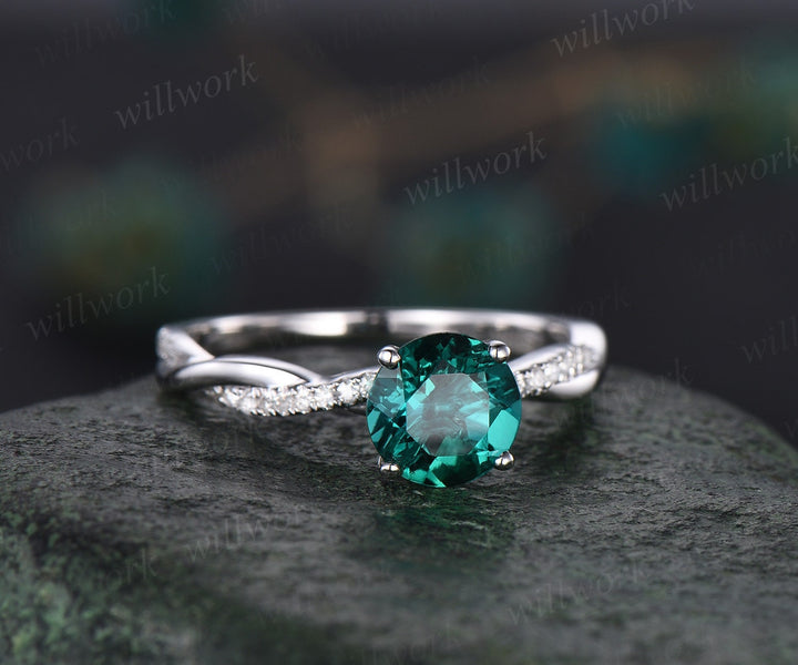 7mm round cut emerald engagement ring solid 14k rose gold twisted real dianond ring May birthstone emerald ring bridal wedding promise ring