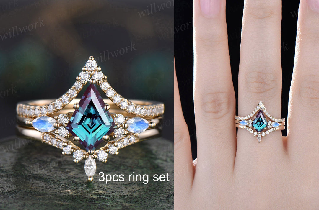 Kite cut Alexandrite ring white gold moonstone vintage unique engagement ring set women 6 prong stacking retro anniversary ring gift