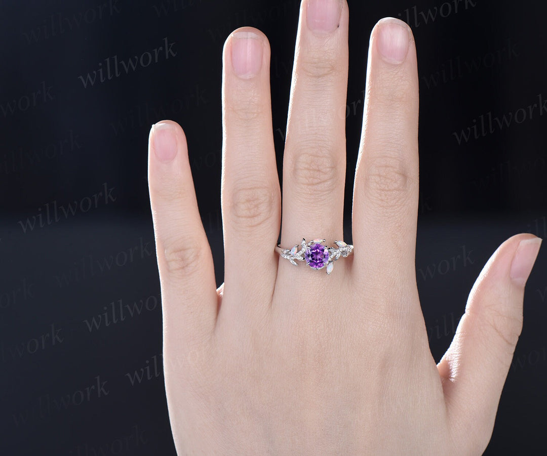 Vintage round amethyst engagement ring yellow gold leaf nature inspired branch half eternity diamond opal wedding anniversary ring women