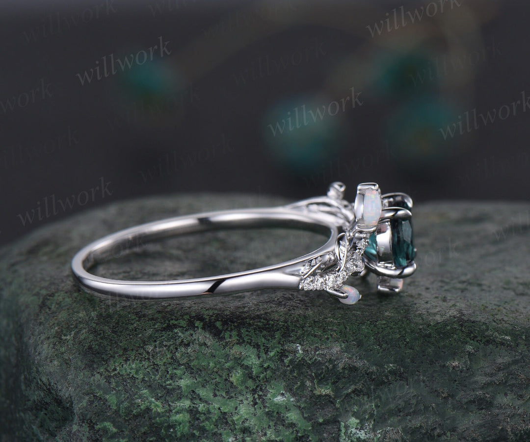 Vintage round emerald engagement ring yellow gold leaf nature inspired branch half eternity diamond ring opal wedding anniversary ring women